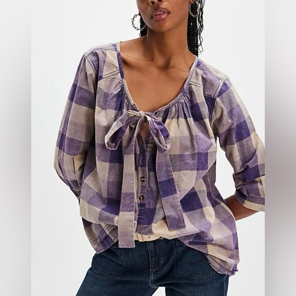 Nwot Free People Big Bow Plaid Pullover - Picture 2 of 6